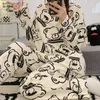 Hemkläder vår och höstkvinnor pyjamas Set tecknad söt björntryck med bröstkuddar fritid bomulls sömnkläder koreanska hemkläder