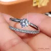 2PCS Wedding Rings Huitan Delicate Silver Color Opening Circle Rings for Women Inlaid Dazzling Crystal Cubic Zirconia Daily Wear Statement Jewelry