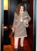 Work Dresses Autumn Winter 2024 Elegant Houndstooth Tweed Fur Collar Coat Patchwork Thick Warm Jacket Short Pencil Skirt 2 Piece Set