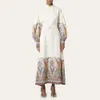 ヨーロッパのレディースファッションブランドホワイトポップリンコットンカラーペイズリーパターンポロカラー長袖シャツドレス