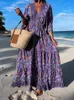 Boho Deep V Neck Twist DrawString Long Robe Femme Patché à printemps Imprimé vintage Maxi Robe Summer Summer à manches courtes Robe de plage 240321