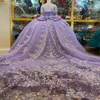 Luxury lilas quinceanera sweetheart paillen fleurs appliques perles tull 2024 robe de bal 16 robe de fête de bal de train balayage