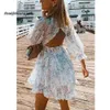 Zainspirowany Harlow Boho 2024 Floral Print Ruffle Fuffle Backless V-dół kobiety Mini Plus Size Ladies 2024 Party 210224