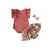 Zestawy odzieży ubrania dziewczynki urodzone letnie stroje żebrowane ruszt romper romper top kwiatowe szorty niemowląt zestaw z opaską na głowę