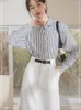Work Dresses Women Elegant Skirt 2 Piece Set Office Lady Casual Stripe Shirt Hight Waist White Outfits Spring Summer Female Clothes