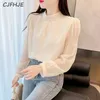 Blouses pour femmes cjfhje Fashion Small Fragrance Murffon Shirt coréen Elegant Femmes Half High Nec Long Long Manned Bright Silk Perle