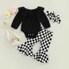 Conjuntos de roupas infantis bebê meninas roupa cor sólida manga longa renda gola redonda macacão xadrez flare calças headwear conjunto