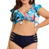 2024 New Large Ruffle Edge Printed High Waist Split Bikini Swimsuit Fat Po Edition