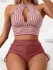 Frauen Badebekleidung Fashion Hohlout Bikini 2024 Frauen Streifen solide Badebekleidung sexy hohe Taille Schwimmwäsche weibliche Badeanzug Strandbekleidung Sommer Y240402