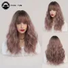 Perruques rose ombre brun perruque femmes perruques avec une frange longue coiffure ondulée résistante à la chaleur wig cosplay lolita quotidien