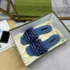 Designer flat heeled square toe slippers, women's blue denim embroidered sandals, summer comfortable vacation shoes, women's simple sandals