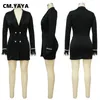 Casual Dresses CM. Elegant Women Feather Diamonds Splicing Long Sleeve Double Breasted Notched Neck Blazer Dress 2024 Autumn Winter