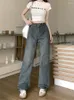 Women's Jeans American Retro Straight Cement Gray Street Style Bottoms Casual Trousers Female High Waist Thin Denim Pants