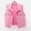 Gilet da donna Gilet da cowboy corto corto in denim bianco rosa da donna Gilet di jeans senza maniche sfilacciato con grande tasca moda estiva femminile