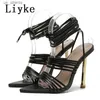 Kledingschoenen liyke maat 35-42 roodblauw dunne hoge hakken sandalen voor vrouwen zomer mode puntige teen slang afdrukken veter pumps h240403abmp