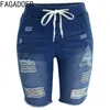 Calças femininas fagadoer azul moda cintura elástica cordão denim joelho mulheres alto bolso magro jean casual feminino cowboy bottoms