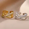 2PCS Wedding Rings Zircon Double Crossed Shape Rings For Women Gold Plated Stainless Steel Cross Ring Luxury Wedding Couple Rings Aesthetic Jewerly