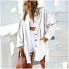 Womens Blouses Shirts Lapel Collar Long Corduroy Fashion Casual Button Down Side Slit Oversized Shacket Coat Spring Streetwear Drop De Ot06I