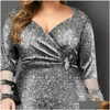 Plus Size Dresses Summer High Waist Bodycon Dress Women Elegant Y V Neck Bright Silk Mesh Evening Party Drop Delivery Apparel Womens Dhogp