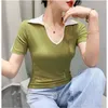 Zomerpolo T -shirt voor vrouwen korte mouw slanke turn collar solide sexy patchwork dames kleding vintage mode tops 240403