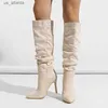 Dress Shoes Liyke Fashion Design Pleated Knee High Boots Women Sexy Pointed Toe Party Stripper Heels Autumn Winter Motorcycle H24040347HY