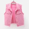 Gilet da donna Gilet da cowboy corto corto in denim bianco rosa da donna Gilet di jeans senza maniche sfilacciato con grande tasca moda estiva femminile