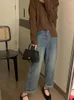 Kadınlar Kot pençeli Bulbalı Kadınlar Yüksek Bel Kore Geniş Bacak Denim Pantolon Vintage Yıkanmış Ağartılmış Gevşek Gevşek Düz Street Giyim