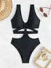 Women's Swimwear Sexy One Piece Suit V Neck Hollow Summer Swimwear High Waist Halter Swimsuit for Women Backless Tied One Piece Bathing Suit Y240402