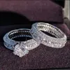 2pcs bagues de mariage exquise Nouveau design argenté couleurs zircon anneau de mariage ensemble pour les femmes de fiançailles