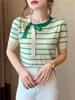 Summer Contrast Stripe Short sleeved Tshirt Womens Garden Neck Tie up Bow Knitted Shirt Top 5162 240403