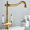 Kitchen Faucets Antique Brass Retro Faucet Dual Handle Single Hole 360 Degree Swivel Sink Tap Deck Mount Cold Water Mixer Black Gold