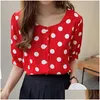 Kobiety damskie bluzki Qoerlin M4XL Styl letni Retro Polka Dot Chifon Koszulka Kobiety z krótkim rękawem pojedynczy piersi biały czarny femme Big Dhtcw