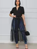 Casual Dresses Elegant Black Mesh Party Long Dress for Women 2024 Short Sleeve Patchwork Button Shirt Spring Summer Woman