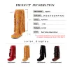 Boots Taoffen Fashion Chinese Nation Style Flock Leather Women Fringe Flat Heels Long Boots Woman Tassel Knee High Boots Size 3443