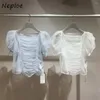 Kvinnors blusar neploe elegant fyrkantig krage puffhylsa söta ruched voile all-match moda blusa japan chiffon perspektiv skjorta