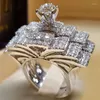 Pierścienie ślubne Zestaw ślubny elegancki dla kobiet Sliver Kolor zaręczynowy biżuteria z pełnym błyszczącym cyrkonem Cubiz Cyrcon Pierścień
