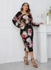 Plus taille d'été floral midi dres fleur imprimement corporelcones backless manches longues dames robes élégantes modis femme robe 2023 240408