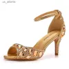 Scarpe eleganti nuove donne sandali sandali PU 7,5 cm tacchi sottili fibbia cinturino rhinestone adorabile street style party gold oro alto h240403d2u1