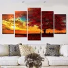 5 Panneaux Red Tree Landscape Canvas Paining, Automn Feuilles imprimés, affiches de coucher de soleil, art mural pour décoration de salon, Cuadros