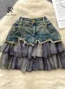 Urban Sexy Dresses SINGREINY Fashion Sexy Mini Skirt Women Chiffon Ruffled Edge Patchwork Denim Skirts American Vintage A Line Hotsweet Skirt 240403