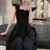 Casual Dresses Women Dress Elegant Square Neck Midi With Ruffle Sleeves High Waist Pleated A-line Design For Stylish Summer Outfit