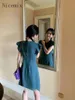 Sukienki swobodne wiosenne chińskie sukienkę retro dżinsową sukienkę letnią miskę rzemieślniczą małe latające rękawy odchudzanie linia dla kobiet
