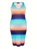 4XL 5XL LW Plus Size Stripped Gradient Bodycon Cami Dress Notch Neck Sleeveless Printing Midi For Women 240326