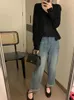 Kadınlar Kot pençeli Bulbalı Kadınlar Yüksek Bel Kore Geniş Bacak Denim Pantolon Vintage Yıkanmış Ağartılmış Gevşek Gevşek Düz Street Giyim