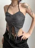 Goth Dark Vintage Mall Gothic Drawstring Women T-shirts 2-stycken Set Y2K Retro Fairy Grunge Camisole Långärmad spännskruva toppar 240318