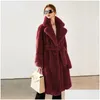 Womens Fur Faux Winter Coat Women Warm Long Coats Fluffy Suit Collar Lace-Up Chic Robe Solid Cardigan Jackets Sleeve Drop Delivery App Otke6