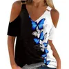 Women's Blouses Retro Print Top Floral V-neck T-shirts With Cold Shoulder Buckle Detail Chic Summer Streetwear Tops In Solid