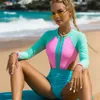 Women's Swimwear Bikini womens swimsuit one-piece swimsuit colorful blocks zipper front swimsuit womens swimsuit sexy patches long sleeves J240403