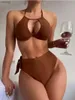 Swimwear 2024 Découpe Push Up Bikini Solid Halter Swimsuit Femmes High Wistrwear Bathers Females Bathing Swimming Swim Swimwear Y240402