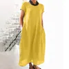 Lässige Kleider 2024 Damen Sommer Plus size Kleider bequem loses, feste Farbe Kurzarm O-Neck Baumwolle Langes Vintage Vestidos